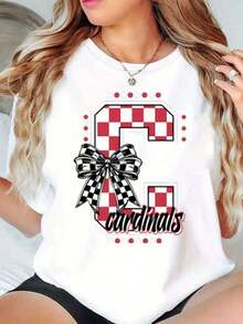 Camiseta de Mujer a Cuadros Rojos con Lazo y Estampado Gráfico de Texto "Cardinals", Top Casual de Verano - Blanco - Ver 1