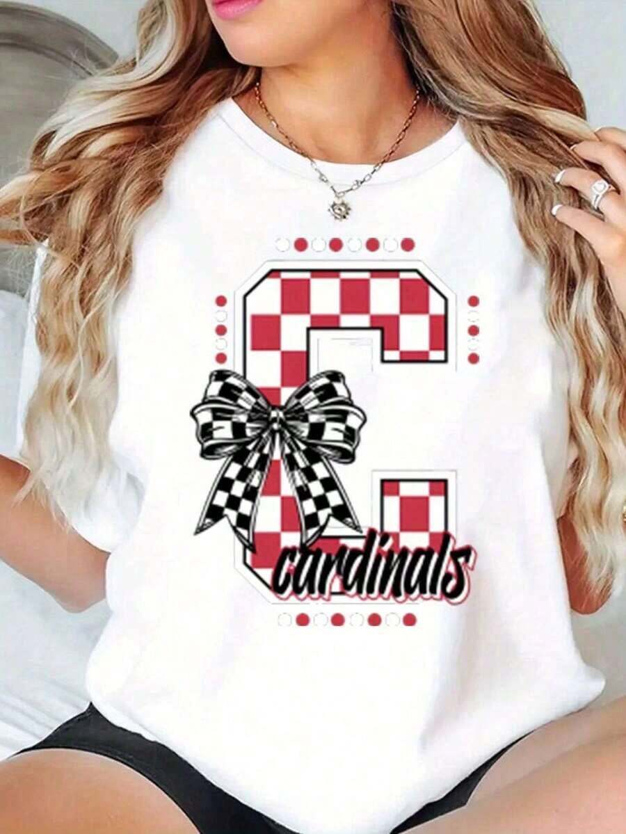 Camiseta de Mujer a Cuadros Rojos con Lazo y Estampado Gráfico de Texto "Cardinals", Top Casual de Verano - Blanco - Ver 1