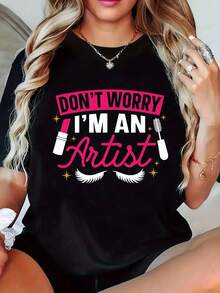 Women's Casual Graphic T-Shirt With Makeup Elements, Short Sleeves, Round Neck, Available In Black And White, Made From A Lightweight Polyester Blend, Perfect For Spring And Summer. - 黑色 - 查看 1
