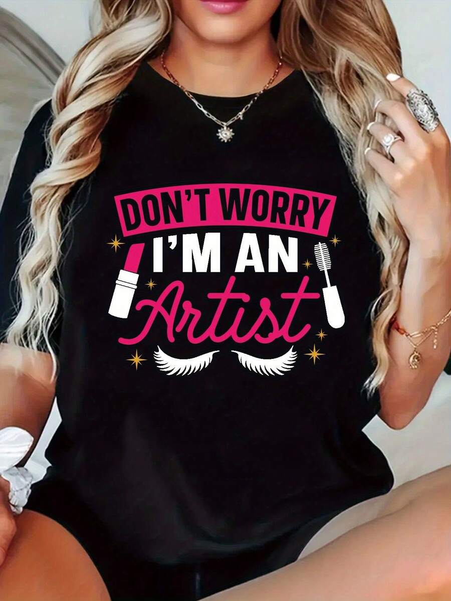 Women's Casual Graphic T-Shirt With Makeup Elements, Short Sleeves, Round Neck, Available In Black And White, Made From A Lightweight Polyester Blend, Perfect For Spring And Summer. - 黑色 - 查看 1