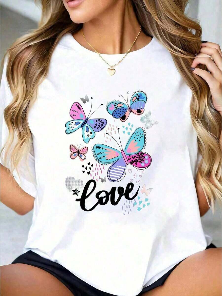 Women's Casual White T-Shirt With Butterfly And Heart Print, Round Neck, Casual Cotton T-Shirt, Knit Fabric, Regular Fit For Ladies, Sizes S-XXXL, A Must-Have - 白色 - 查看 1