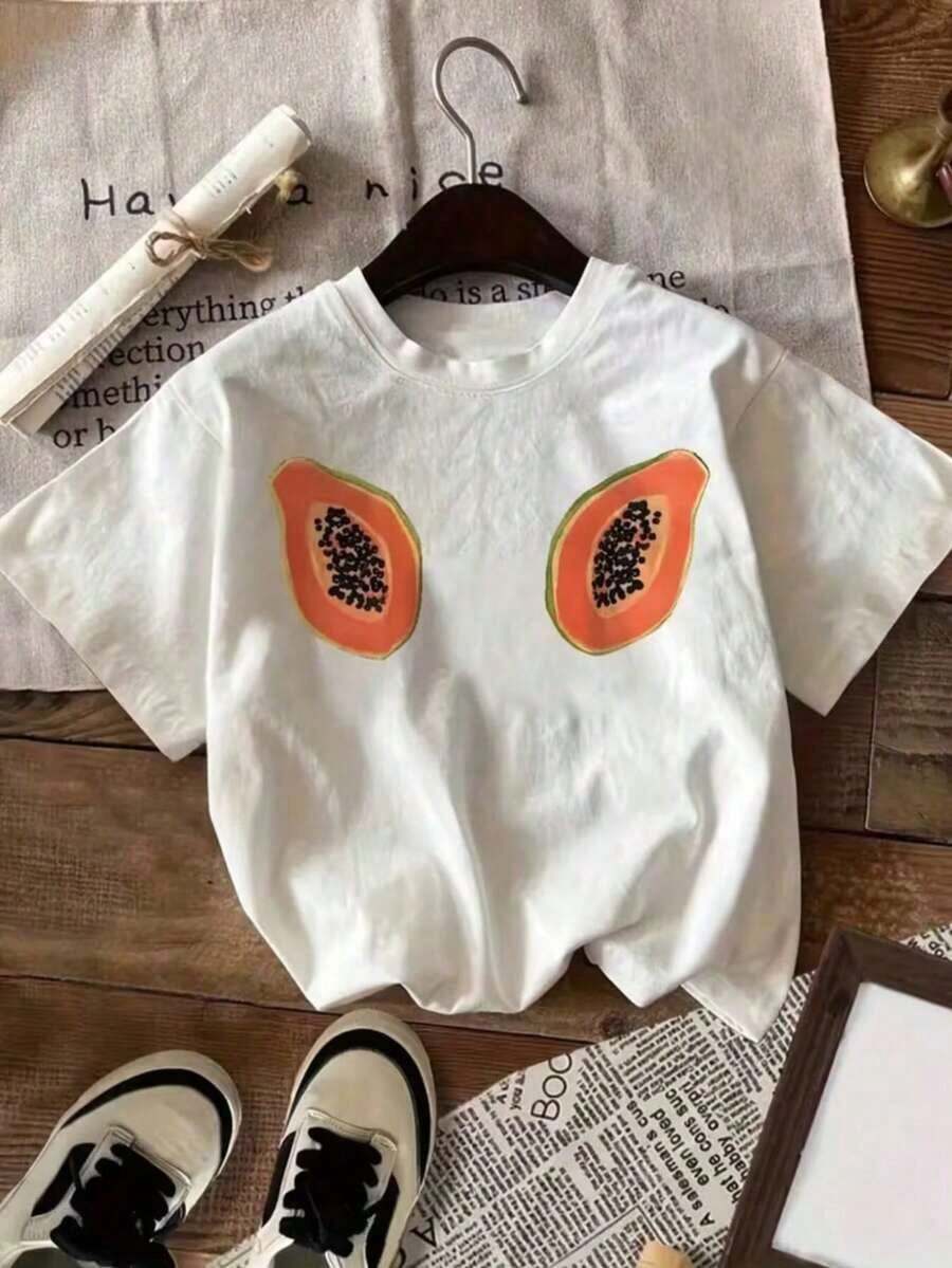 Limited EditionMujer camiseta casual con estampado de fruta, tela suave, diseño holgado, cuello redondo, manga corta, primavera‑verano, uso diario, playera,papaya fruta verano divertidaLight - Blanco - Ver 1