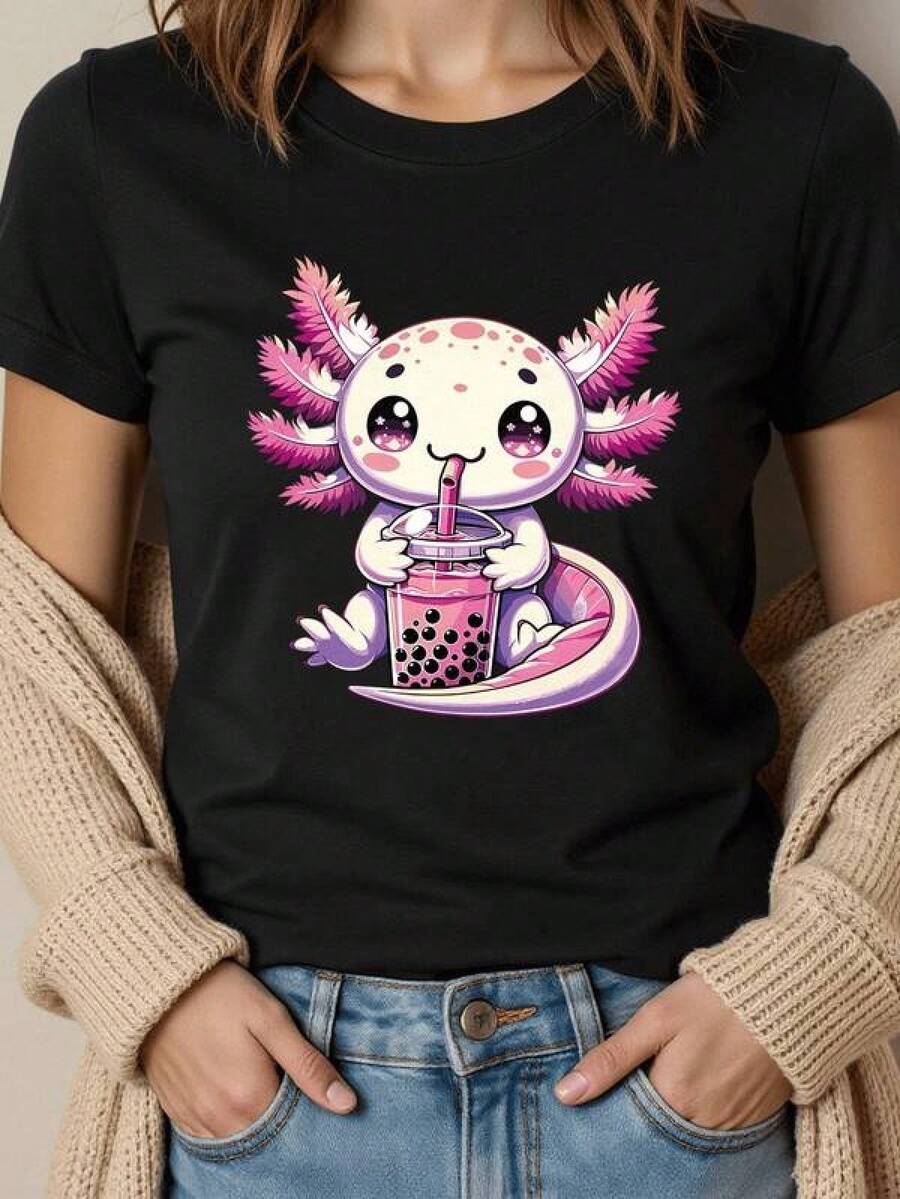 1 pieza de Camisetas para mujer,Camisetas Para Hombre,cuello redondo,estilo urbano,para jóvenes,moda streetwear,uso informal - Negro - Ver 1