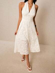 Vestido con espalda descubierta de cuello halter, cintura fruncida y estampado floral diminuto amarillo, adecuado para vacaciones - Albaricoque - Ver 5