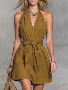 2026 verano nueva colección de vestidos femeninos de moda casual con escote en V, cintura ajustada y cinturón para vacaciones - Verde - Ver 1