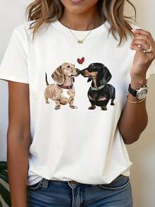 1 Piece Sweet Moment, Plus Size Women's Casual Fashion T-Shirt With Dachshund Print And Canine "Love" Design, Round Neck, Spring Summer, 180g, 100% Cotton - 白色 - 查看 7