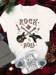 camisetas de mujer, atuendo de discoteca, blusas para mujer, camiseta con estampado de letras y guitarra ROCK & ROLL, top casual de cuello redondo y manga corta para primavera y verano, ropa de mujer - Blanco - Ver 7