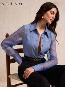 Camisa de mujer ALIAO moderna, elegante, sofisticada y versátil para el trabajo y el día a día. Textura de efecto de mezclilla con parches de malla de alta calidad, transpirable y de doble botonadura, adecuada para todas las estaciones. - azul real - Ver 2