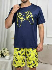 Men's Summer New Casual Video Game Graphic Print Short Sleeve Shorts 2 Pieces Pajama Set, Comfortable Loungewear - Multicolor - View 3