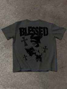 Manfinity Men's Casual T-Shirt With Cross And Letter Print, For Summer - 深灰色 2 - 查看 4