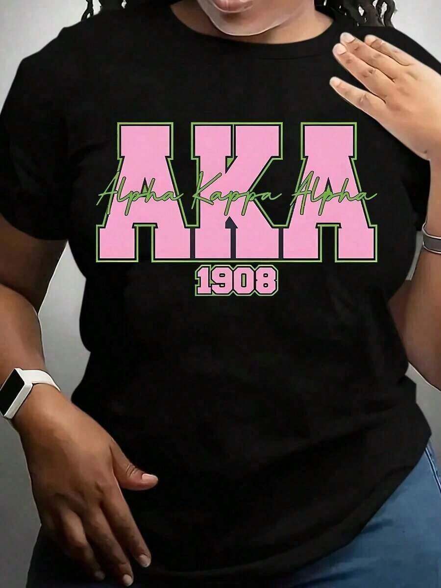 1 camiseta de cuello redondo AKA Sorority, rosa y verde, para mujer, camiseta bonita y linda con la letra AKA estampada, ajuste cómodo, camiseta de manga corta informal para mujer, camiseta de algodón lavado vintage de manga corta con cuello redondo, suave y casual para hombres y mujeres, 180g, 100% algodón. - Negro - Ver 1