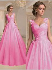 Vestido largo dama de tul con apliques de encaje, tirantes finos y escote en V, disponible en menta y azul claro, corte amplio romántico para damas de honor y eventos formales - Rosa Fucsia - Ver 1