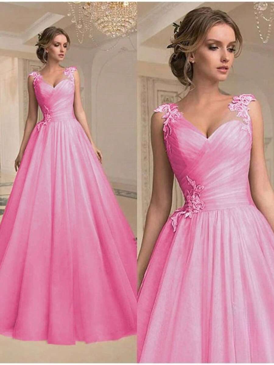 Vestido largo dama de tul con apliques de encaje, tirantes finos y escote en V, disponible en menta y azul claro, corte amplio romántico para damas de honor y eventos formales - Rosa Fucsia - Ver 1