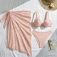 Bikini Sexy de 3 Piezas para Mujer con Encaje y Detalles Cut-Out, Traje de Baño para Playa 2026 - z26011 Rosa - Ver 1