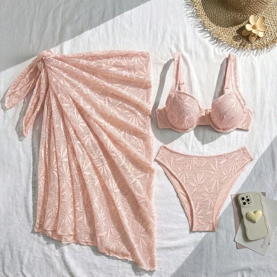 Bikini Sexy de 3 Piezas para Mujer con Encaje y Detalles Cut-Out, Traje de Baño para Playa 2026 - z26011 Rosa - Ver 1
