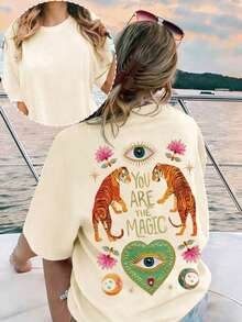 permeabilityEMERY ROSE Camiseta de manga corta talla grande para mujer con estampado de patrón de lema "FOREVER CHASING SUNSETS", adecuada para veranospacious - Albaricoque - Ver 1