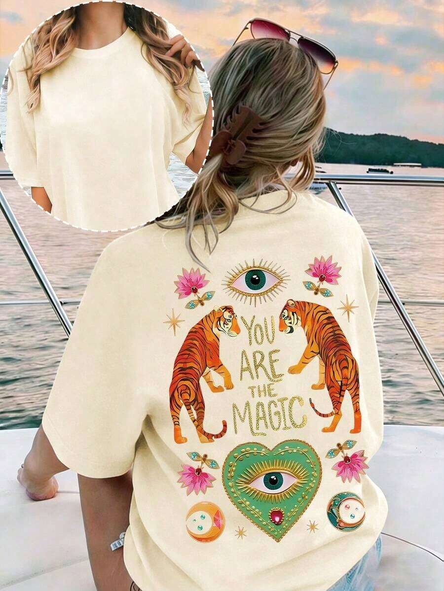 permeabilityEMERY ROSE Camiseta de manga corta talla grande para mujer con estampado de patrón de lema "FOREVER CHASING SUNSETS", adecuada para veranospacious - Albaricoque - Ver 1
