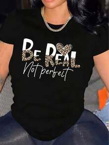 Camiseta de manga corta con cuello redondo para mujer, estampado de leopardo con letras en inglés, suave y fluida, adecuada para uso diario, oficina, escuela, vacaciones, camping, de estilo versátil, que hace que tu verano sea más vibrante y colorido. - Negro - Ver 6