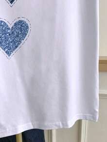 Camiseta de manga corta casual de cuello redondo con estampado de corazón para mujer de talla grande - Blanco 2 - Ver 5