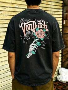GiftAmerican Camiseta de Hombre Estilo Vintage Y2K, Cuello en V, Estampado de Mano de Esqueleto Blanca con Rosas en Ambos Lados, Camiseta de Manga Corta Oversize de Estilo Antiguo, 100% Algodón Lavable con Agua, Estilo Casual Relajado, Ropa de Estilo Urbano Y2K Suave - Negro - Ver 4