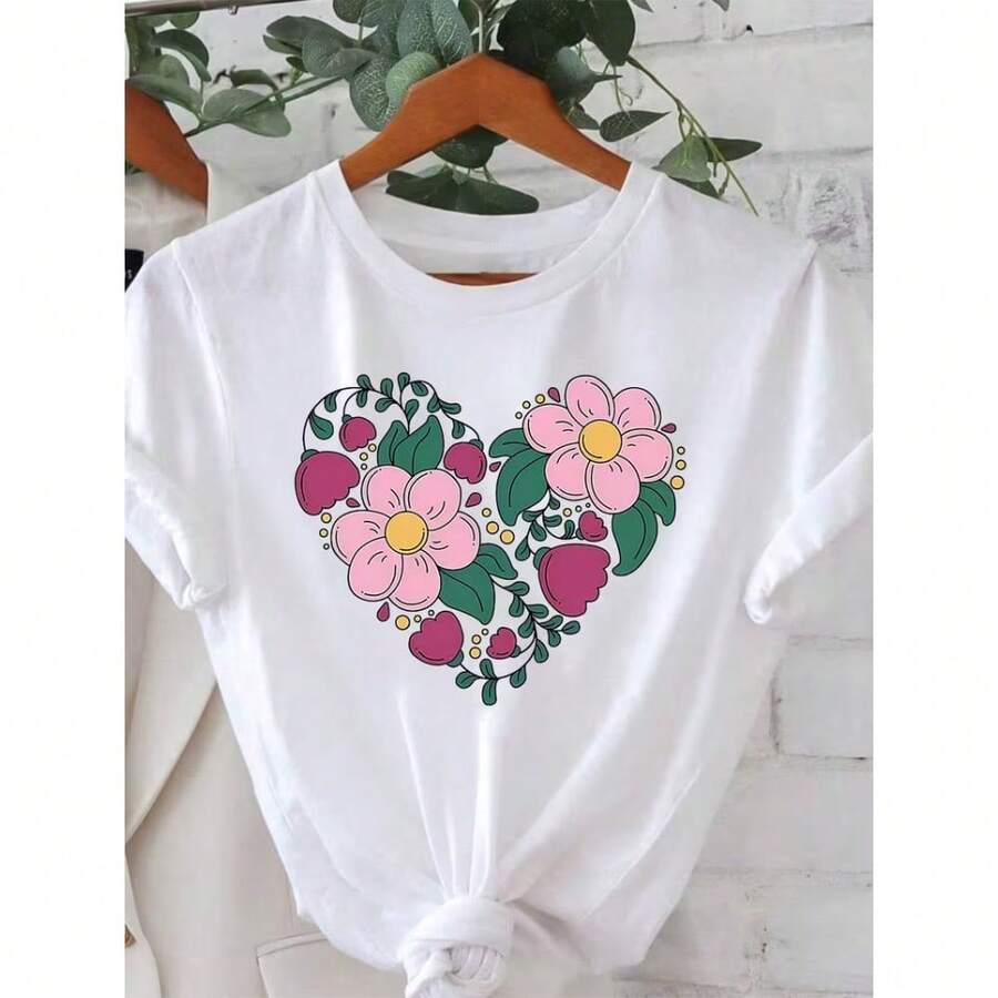 Camiseta para mujer con estampado floral de corazón rosa - Blusa casual de manga corta y cuello redondo pequeño, corte regular, atuendo casual de verano apto para todas las estaciones, lavable a máquina, camiseta de flor - Blanco - Ver 1