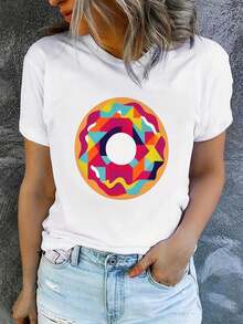 Camiseta de verano de manga corta para mujer, holgada, estampada, moderna y casual, lavable a máquina, ajuste cómodo, estampado plano 2D, camiseta básica de algodón con cuello redondo para mujer. - Blanco_03 - Ver 7