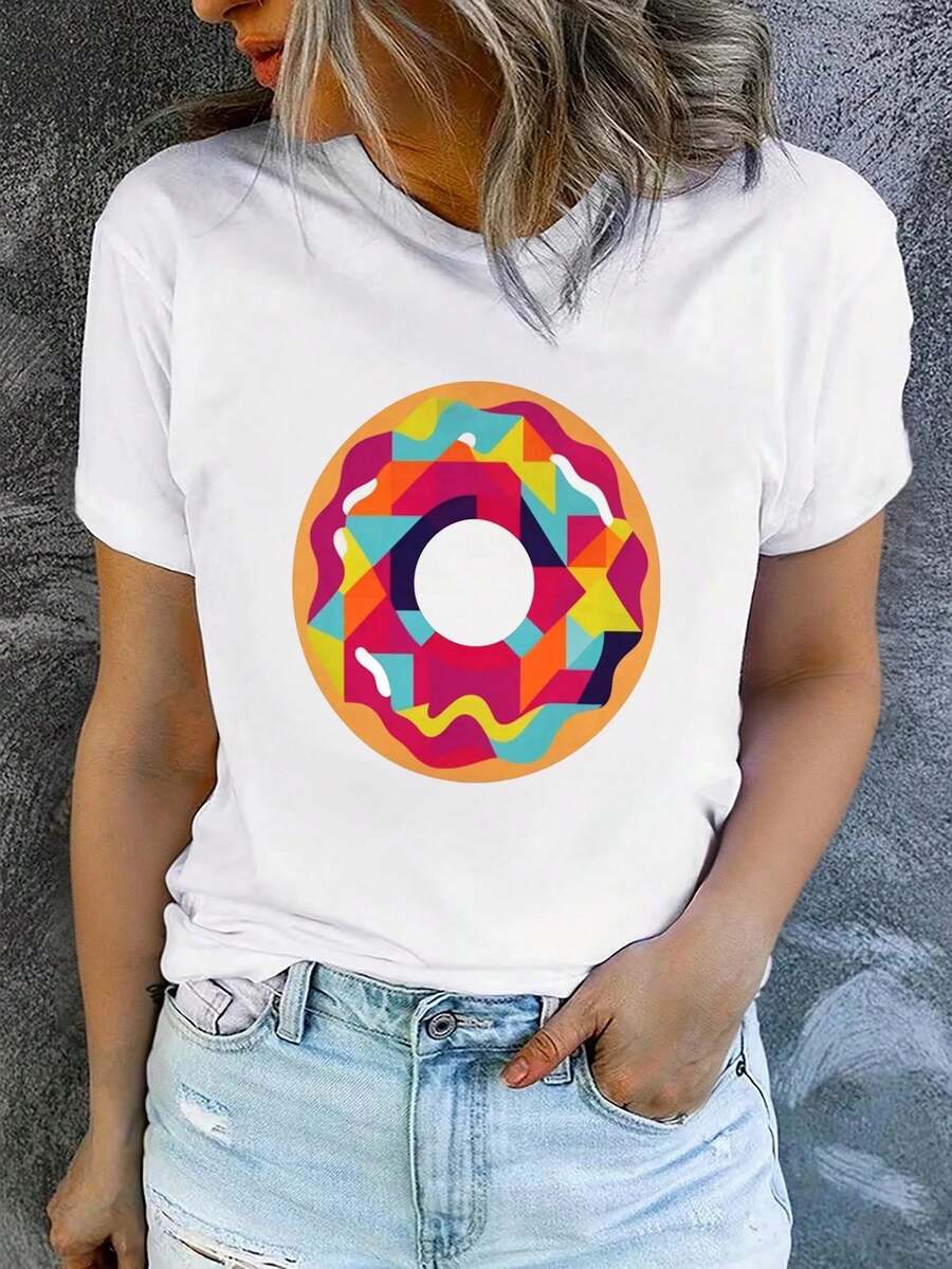 Camiseta de verano para mujer, de manga corta y estampada, moderna y casual, lavable a máquina, ajuste cómodo, estampado plano 2D. - Blanco_05 - Ver 1