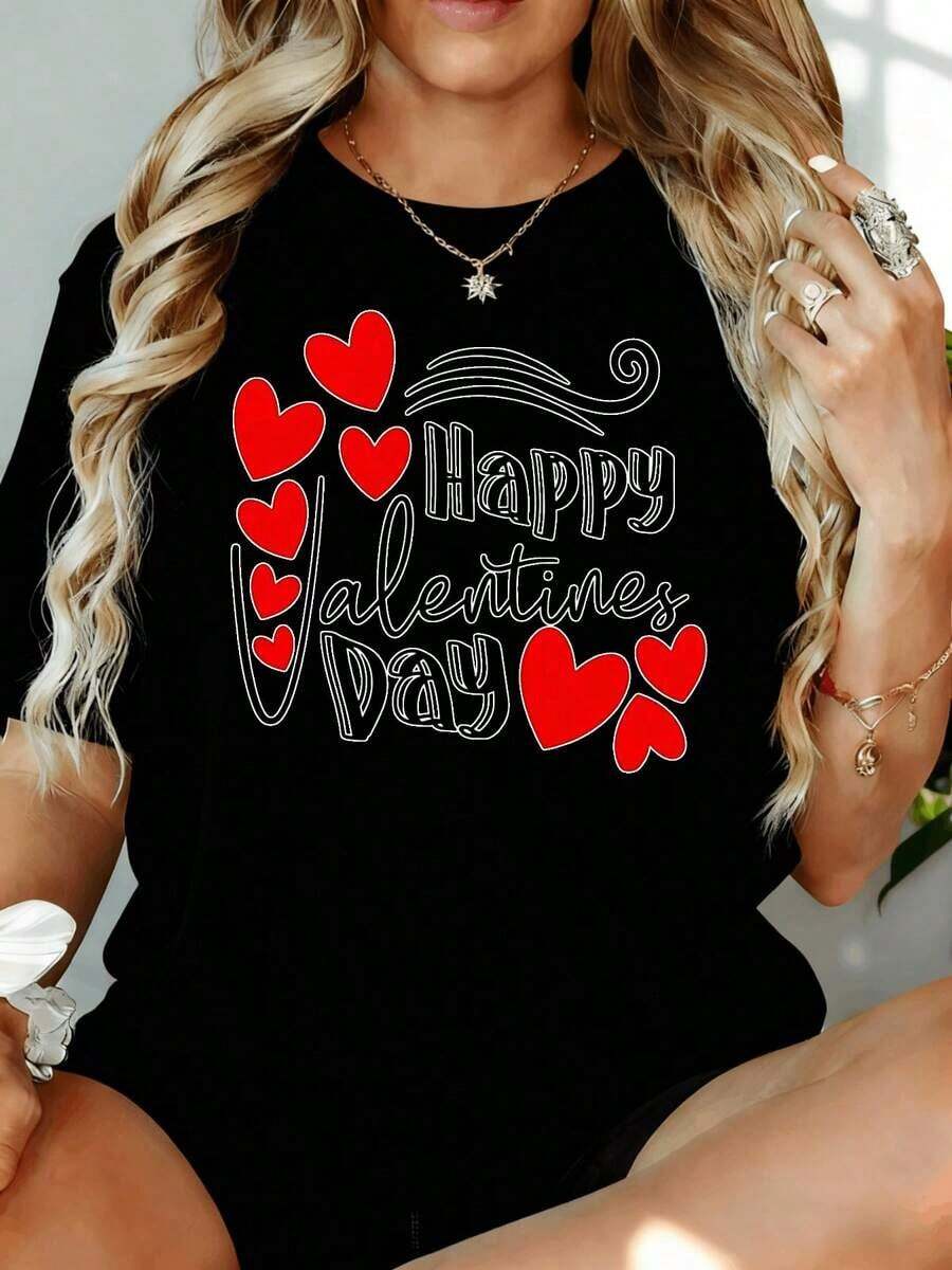 Camiseta Holgada para Mujer con Estampado de Corazón para el Día de San Valentín, Regalo para el Día de San Valentín, Ropa Casual para Mujer, 180g, para el Hogar, Aire Libre, Fiesta de San Valentín - Negro - Ver 1