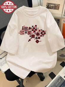 Limited EditionWomen's Spring/Summer Clothing, Women's Tops, Pixel Style Geometric Pattern, Pixel Pattern Red, Versatile Short Sleeve Drop Shoulder Oversized-ShirtLightweight Cotton - Blanco - Ver 7