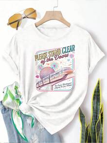 Camiseta de manga corta para mujer, estilo retro vintage, con estampado temático "Por favor, manténgase alejado de las puertas de los coches", ideal para vacaciones, suave y agradable al tacto, transpirable, de ajuste versátil, de secado rápido y aireada, fresca y no sofocante, elástica y cómoda. - Blanco - Ver 1