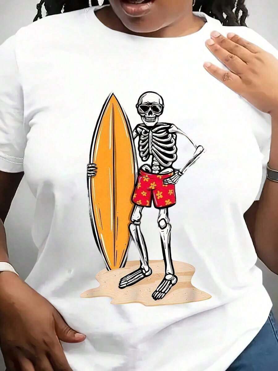 Camiseta Gráfica de Surfista con Esqueleto para Mujer - Diseño de Tabla de Surf - Camiseta de Tejido Grueso - Camiseta de Cuello Redondo Lavable a Máquina - Esqueleto Surfista Divertido - Regalos de Pascua para Surfistas, Adolescentes y Adultos - Ropa Casual de Playa para Todo el Año, Ropa de Estilo Surfista, Estampado Divertido, Ajuste Cómodo, Top, Moda Juvenil - Blanco - Ver 1
