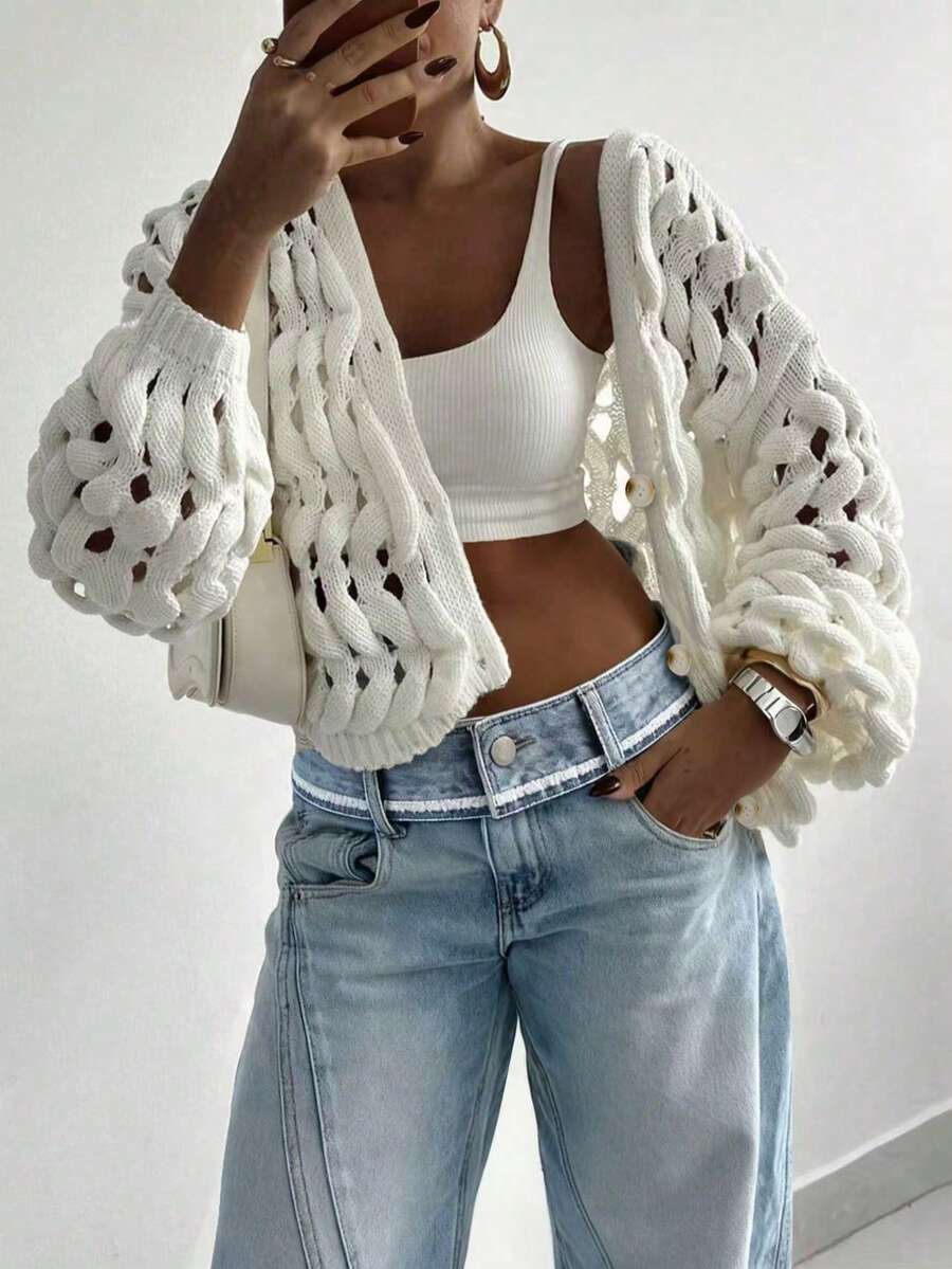 FOR BEAUTY Women Spring Summer White Solid Long Sleeve Crochet Knit Cardigan Top Button Open Front Casual Beach Cover Up Jacket Women Cardigans