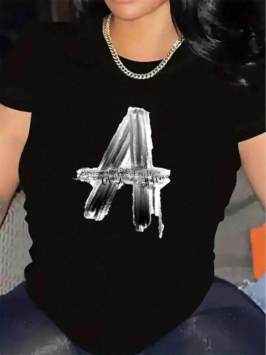 100% cotton Camiseta de manga corta con estampado del número 4, hecha de fibra de poliéster duradera, ligera y cómoda para uso casual en casa, restaurante o exteriores - Negro - Ver 1