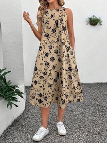 LUNE Vestido midi casual y elegante de cuello redondo, sin mangas, con bajo acampanado y estampado floral retro - Caqui - Ver 7