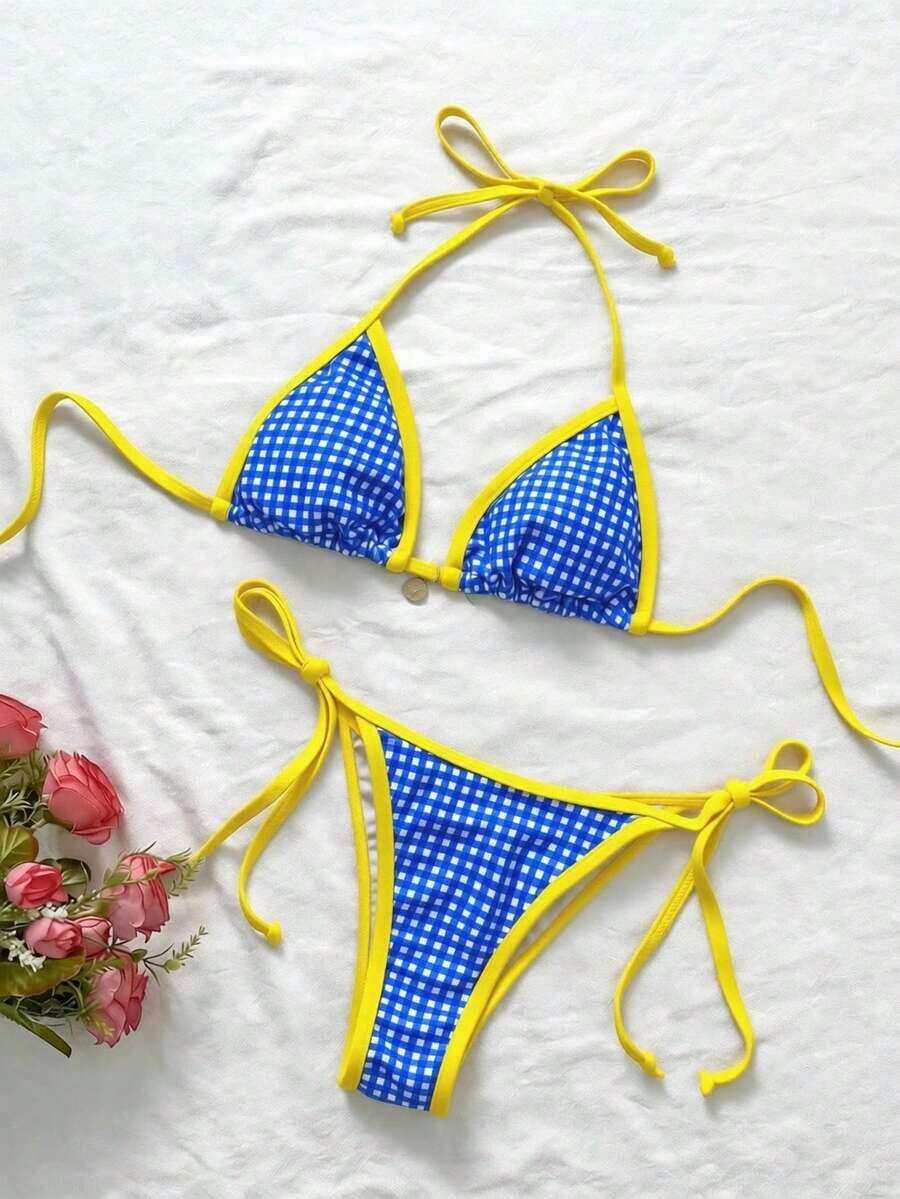 Vestido de playa informal de talla grande para mujer con estampado aleatorio y diseño de anillo en el cuello halter - Azul 2 - Ver 1