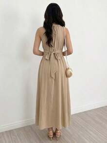 Vestido elegante de mujer con cuello halter, corte en la cintura, twist y bloque de color asimétrico, para primavera/verano - Caqui 3 - Ver 3