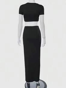 Conjunto de 2 piezas de verano, top corto de manga corta y cuello redondo de unicolor y falda larga de tubo, para mujer - Negro - Ver 3