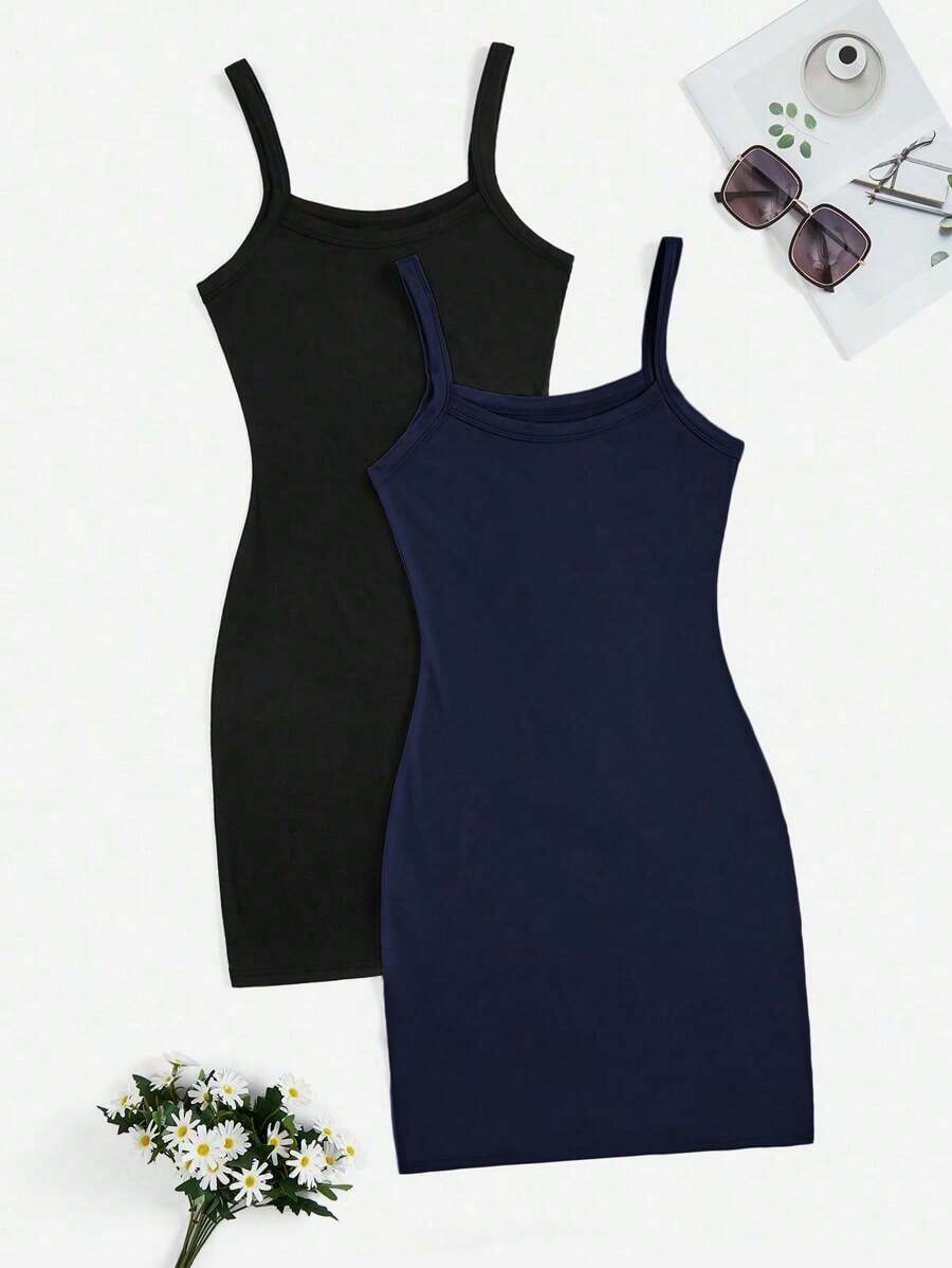 Set de 2 vestidos de verano de tirantes abiertos, sin mangas, de unicolor y ajustados, apropiados para ir a trabajar, actividades al aire libre y compras - Azul marino - Ver 1
