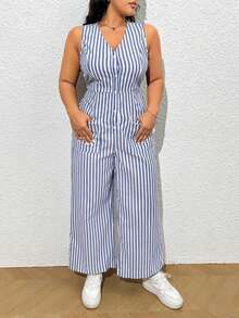 Enterizo casual sin mangas de talla grande con cuello en V y estampado de rayas con botón de un solo pecho - Azul y blanco - Ver 4