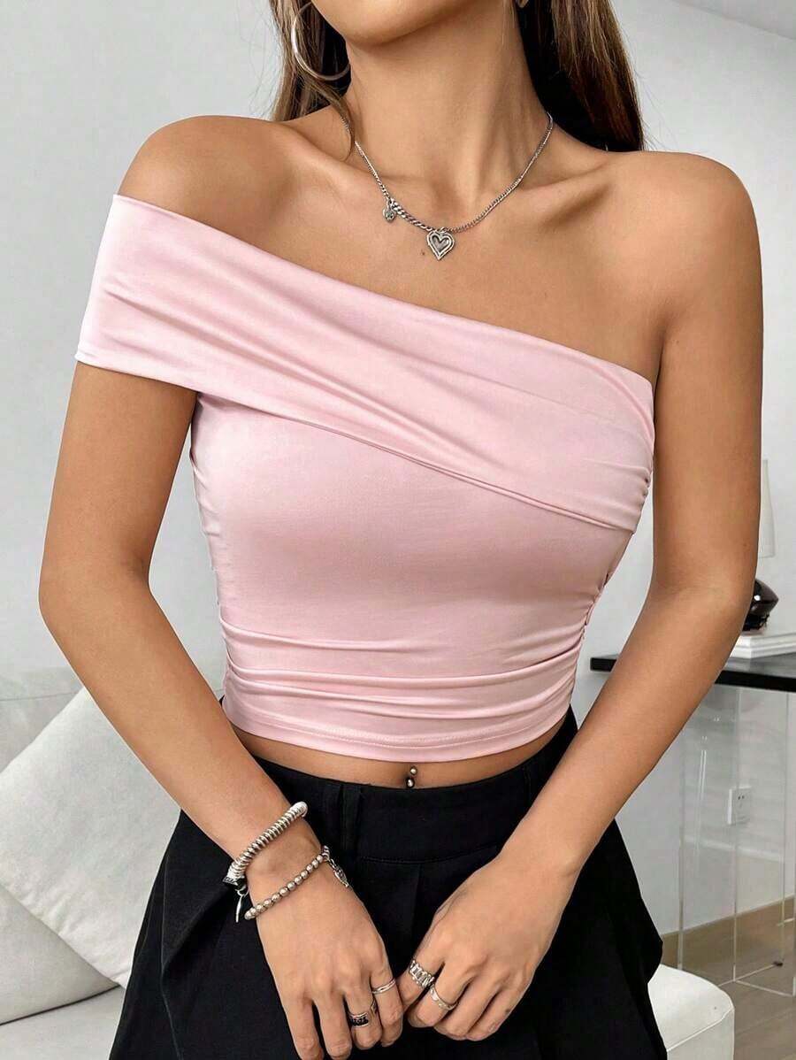 Top Plisado Ajustado Para El Hombro, Adecuado Para Viajes Y Reuniones De Verano - Rosa - Ver 1