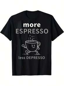 Camiseta de Algodón de Manga Corta con Cuello Redondo y Estampado de Un Solo Lado "Más Espresso, Menos " para Todas las Estaciones - Negro - Ver 7