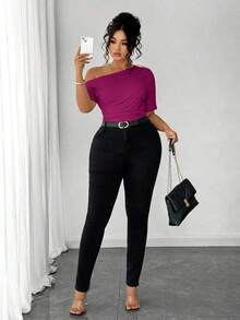 Blusa de talla grande para mujer elegante, personalizada, de moda, versátil, con un solo hombro, adecuada para uso diario - Rosa Fucsia - Ver 3