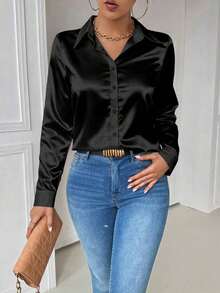 Blusa de mujer de manga larga ajustada con bolsillo y cuello casual en color blanco - Negro - Ver 5