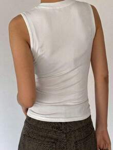 Camiseta básica de manga corta con cuello redondo y media abertura, con diseño ajustado y sexy, de estilo urbano para el verano, para mujer - Blanco 5 - Ver 2