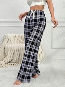 Pantalones de pijama holgados con lazo y estampado de cuadros para mujer, otoño e invierno - verde menta - Ver 1