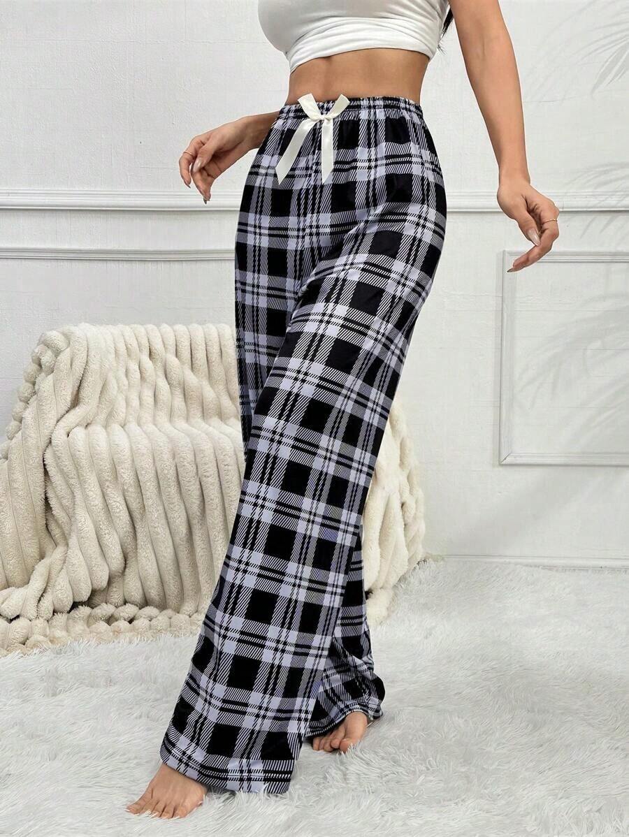 Pantalones de pijama holgados con lazo y estampado de cuadros para mujer, otoño e invierno - verde menta - Ver 1