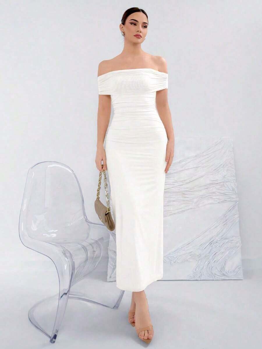 Vestido elegante de punto con hombros descubiertos de unicolor para banquetes - Blanco - Ver 1