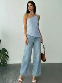 Nueva llegada Primavera/Verano Elegante Top casual de lino color albaricoque con cintura fruncida, bajo asimétrico y espalda descubierta - Azul y blanco - Ver 6