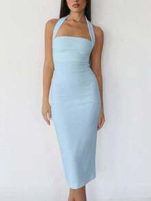 Vestido elegante de mujer de unicolor con espalda descubierta, ajustado y de longitud media, sexy para fiesta, vacaciones, días festivos, cena formal, San Valentín, primavera/verano en color rojo - Celeste - Ver 4