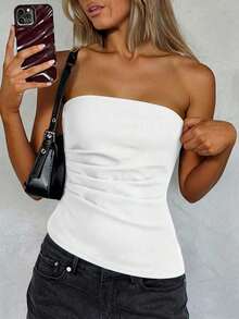 Top tubo sencillo y elegante con cintura fruncida, adecuado para verano, top tubo azul marino, tops tubo para mujer, top sin tirantes para mujer, top tubo azul marino - Blanco - Ver 6